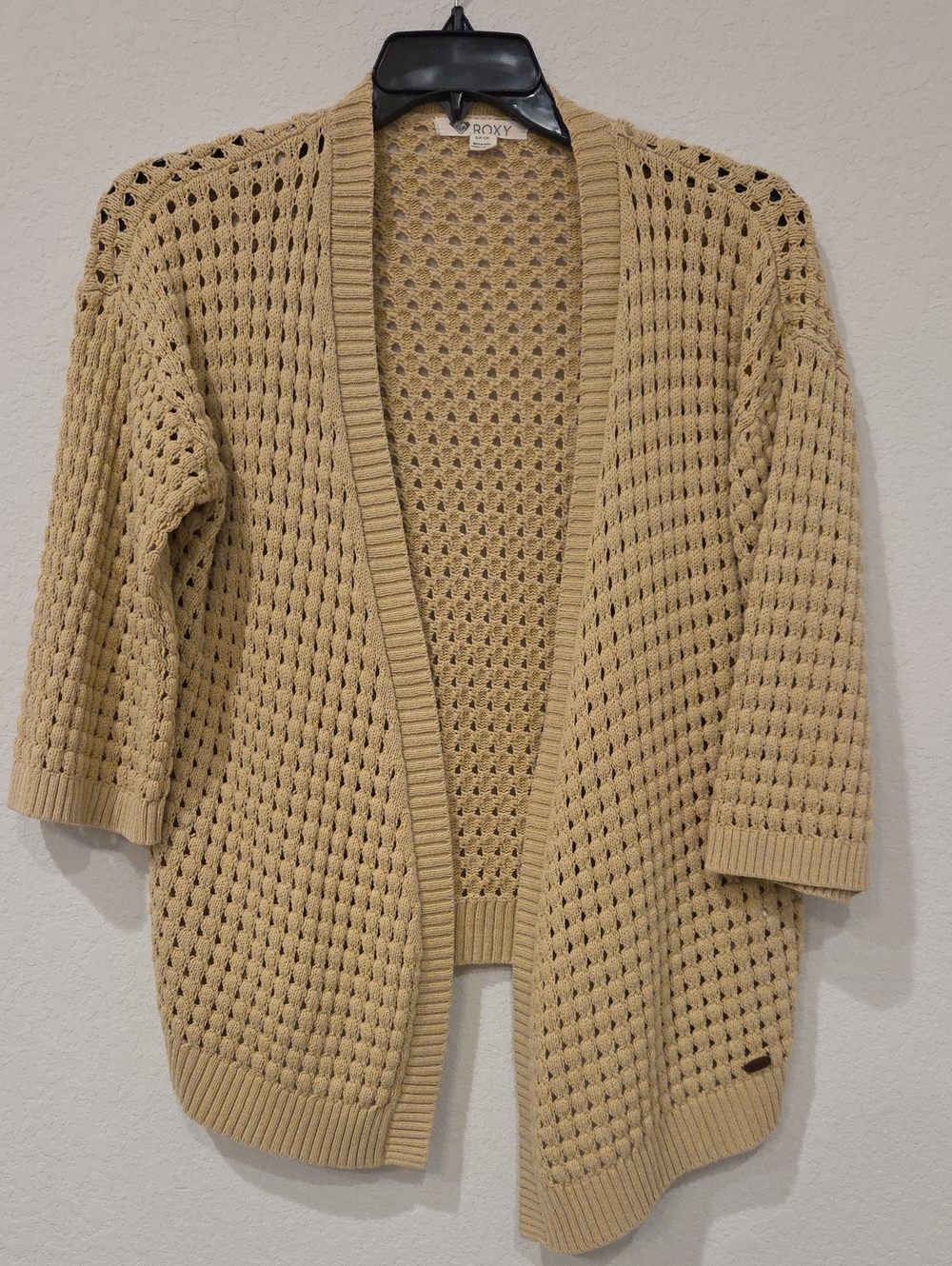 Roxy Open-Weave Cardigan in Beige Tan Brown Sweater Coastal Boho Comfy Top
